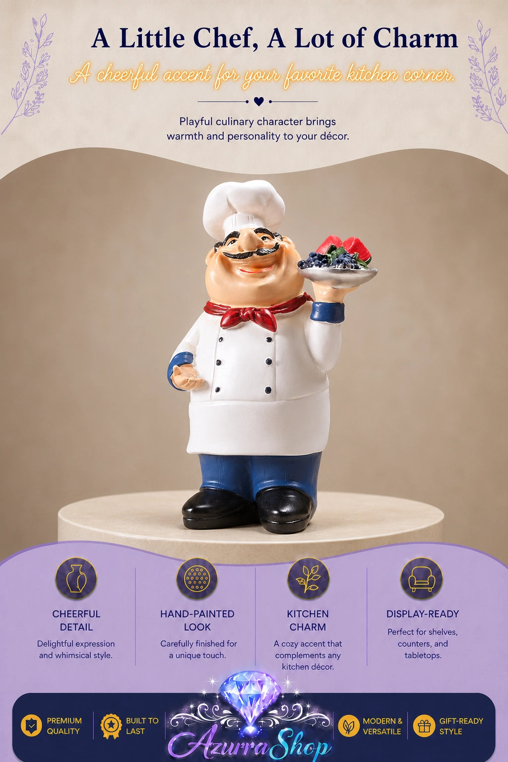 Hand-painted resin chef figurine (style D), holding a plate of fruit, wearing a white coat, hat, and red bow tie, on a display pedestal