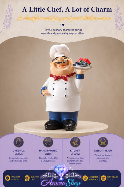 Hand-painted resin chef figurine (style D), holding a plate of fruit, wearing a white coat, hat, and red bow tie, on a display pedestal
