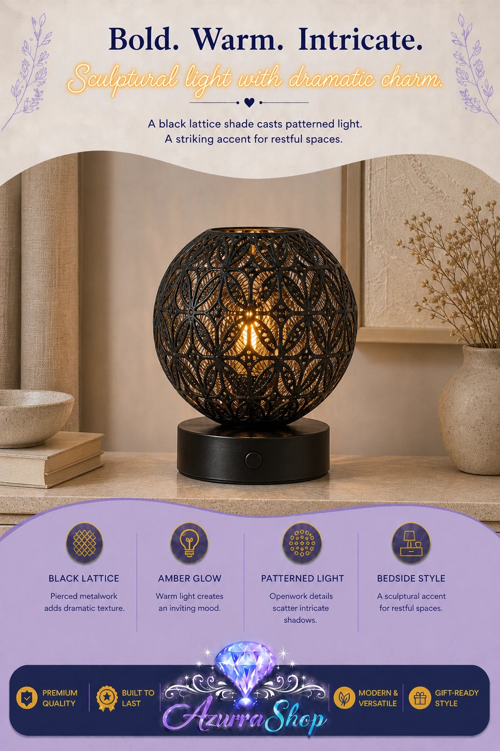 A decorative black metal globe shade lamp with an intricate geometric cutout pattern, casting a warm amber glow from a central light source, set on a dark round base on a wooden shelf. The image includes promotional text and a purple footer banner for Azurra Shop.