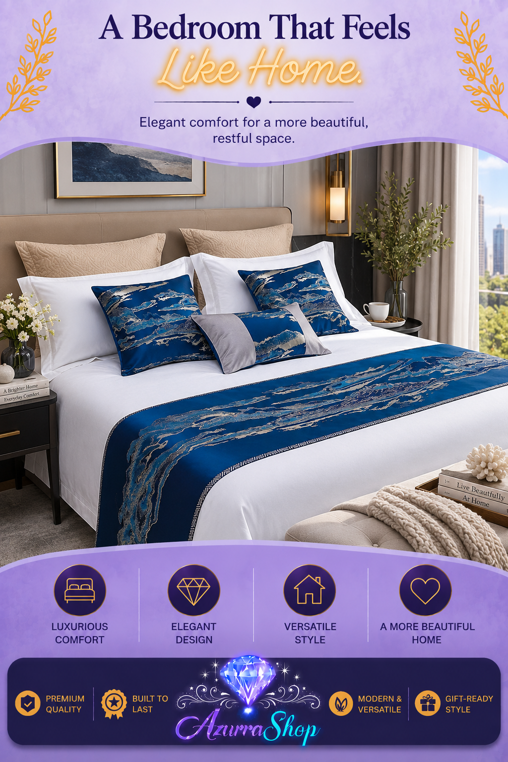 Chinese Landscape Style Bed Runner &amp; Pillow Set
