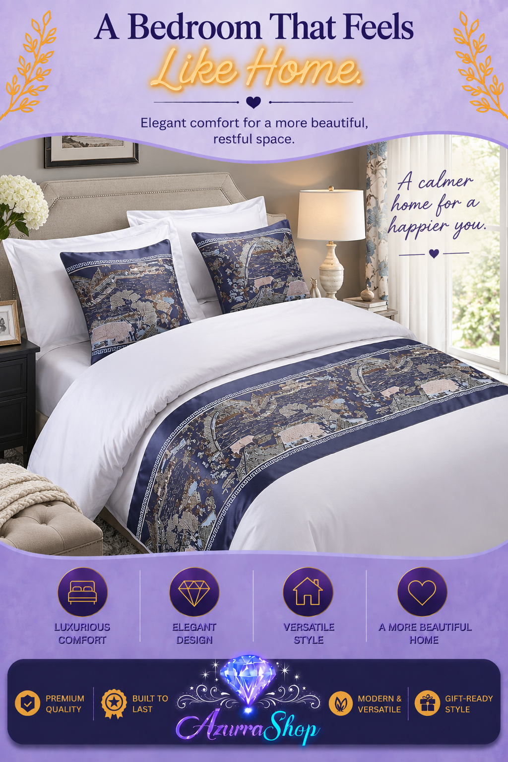 Chinese Classical Style Bed Runner &amp; Pillow Set