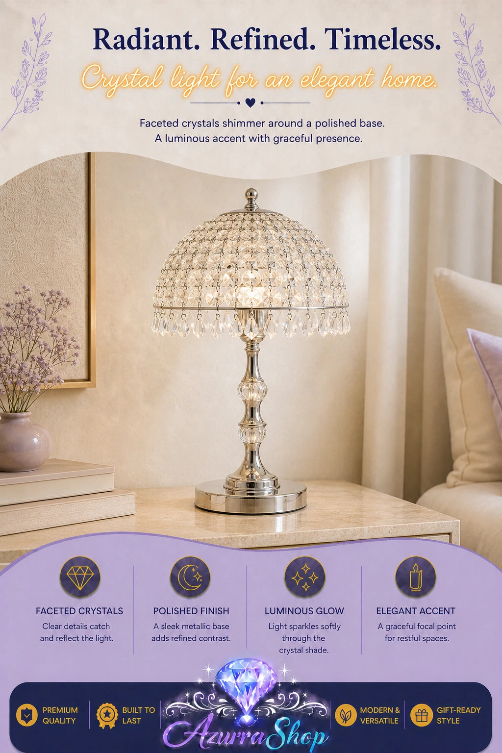 A crystal table lamp with a polished silver base and a dome-shaped crystal shade, displayed on a wooden side table in a softly lit living room. The image includes promotional text at the top and a purple feature banner at the bottom with the brand name Azurra Shop.