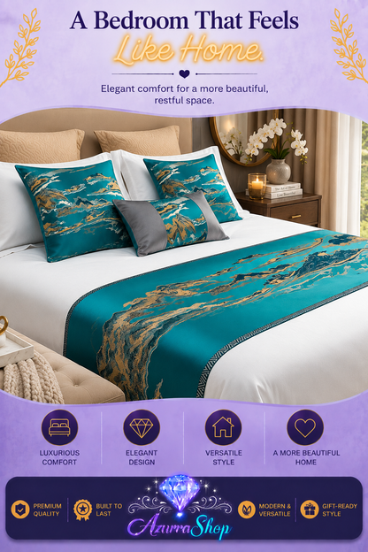 Chinese Landscape Style Bed Runner &amp; Pillow Set