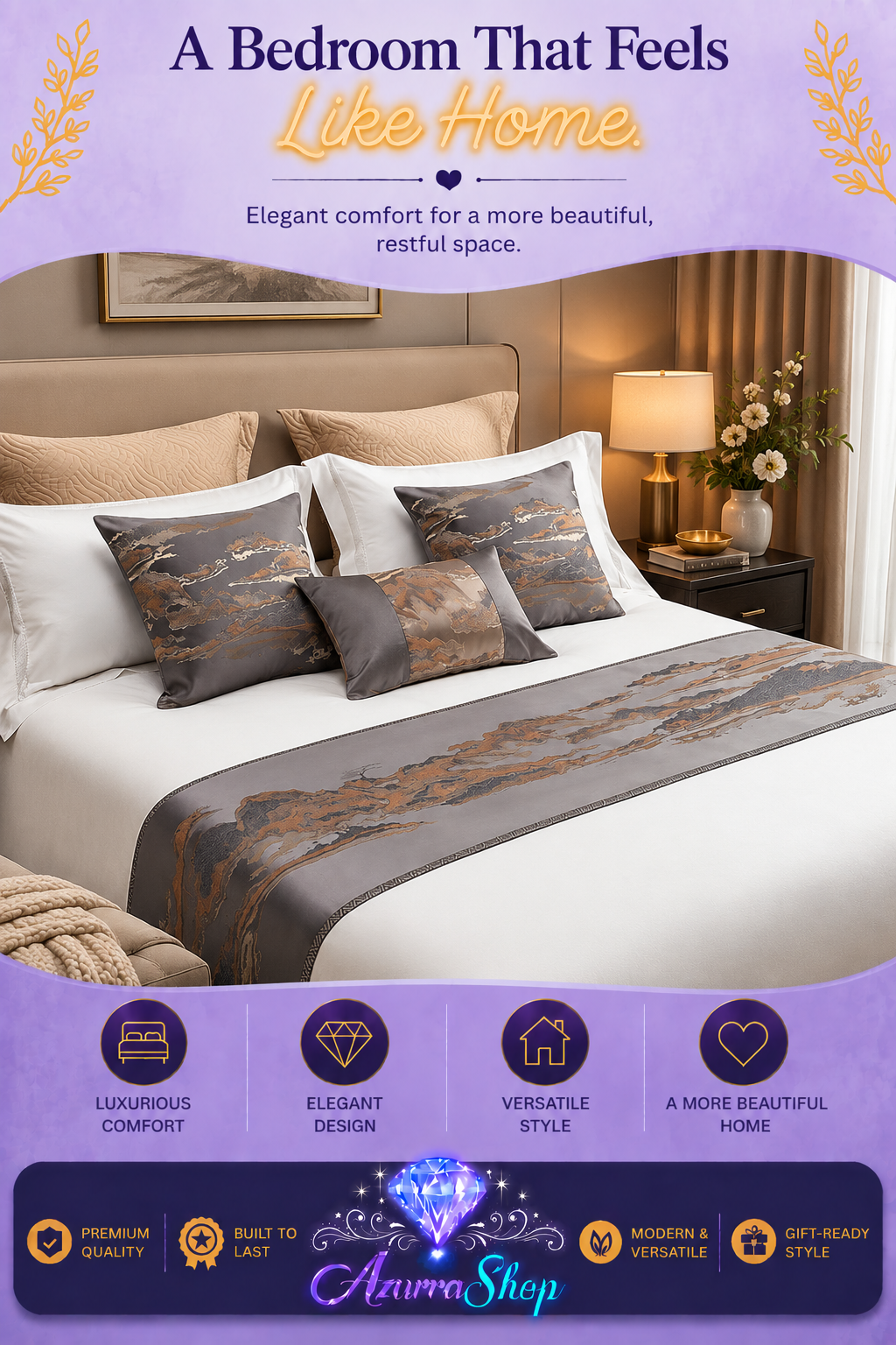 Chinese Landscape Style Bed Runner &amp; Pillow Set
