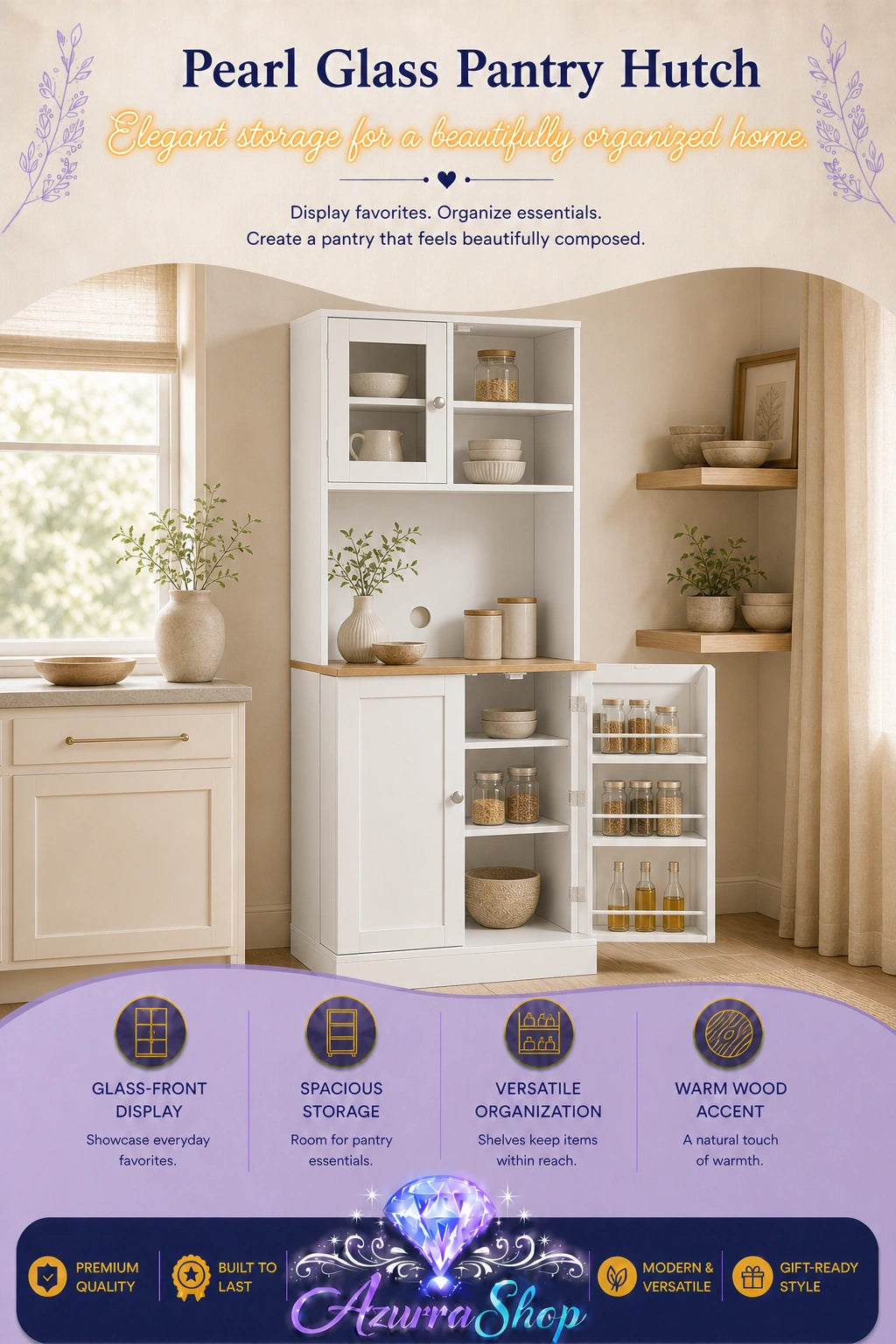 White pantry hutch with framed glass doors, styled in a warm beige kitchen corner with dishware, jars, and greenery.