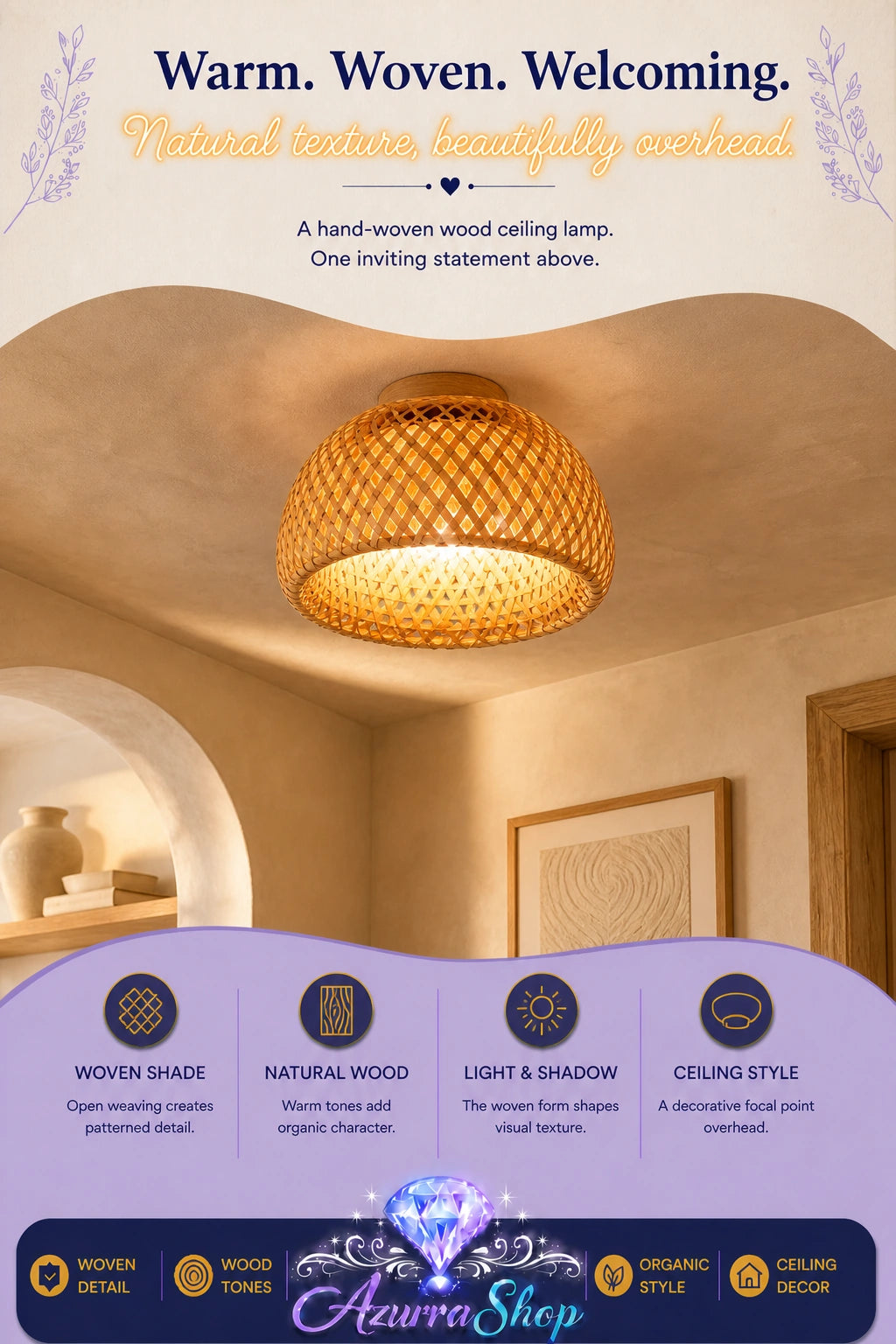 Woven wood ceiling lamp with golden-brown woven shade, glowing warmly in a beige archway room, hero image with feature callouts and Azurra Shop logo