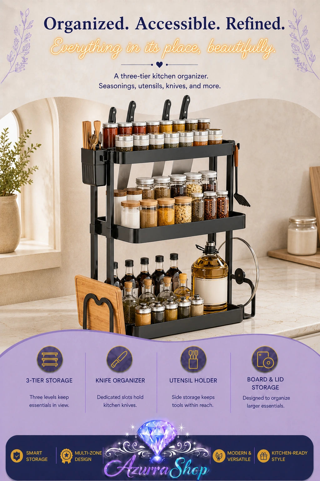A three-tier black metal kitchen organizer cart filled with spices, bottles, and utensils, shown in a kitchen setting with promotional text and feature icons below.