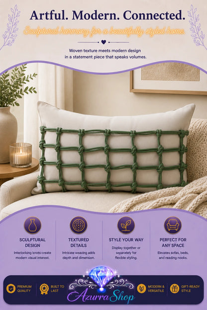 Green knotted lattice-patterned lumbar pillow resting on a beige sofa
