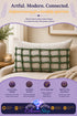 Green knotted lattice-patterned lumbar pillow resting on a beige sofa