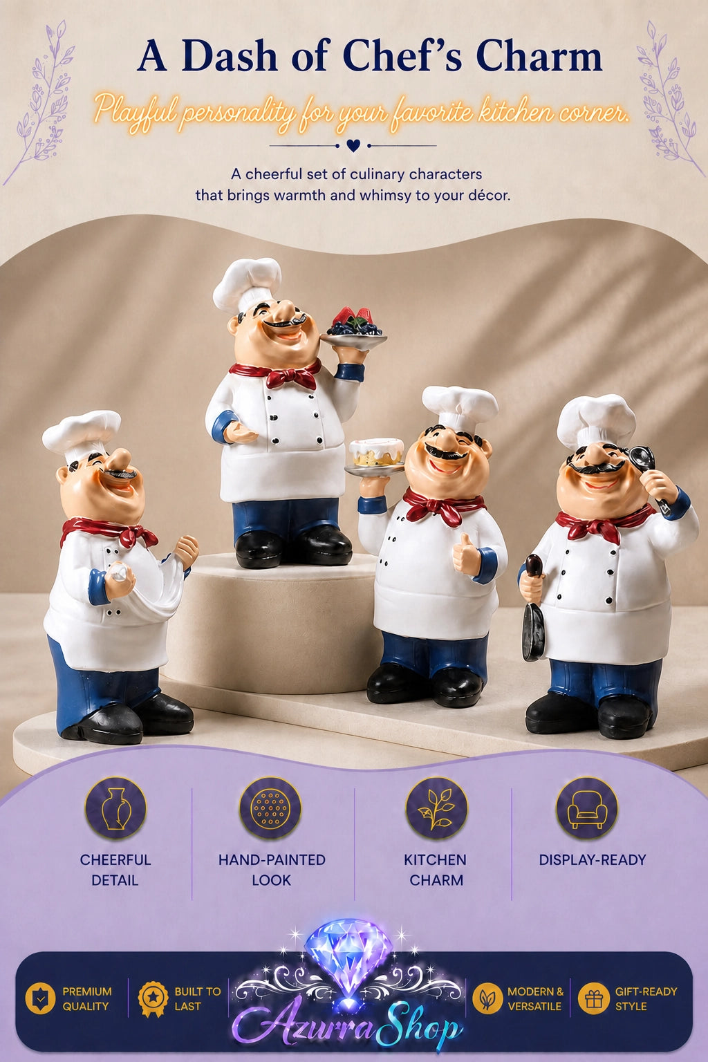 All four hand-painted resin chef figurines (styles A, B, C, and D) grouped together on a display pedestal against a soft beige backdrop