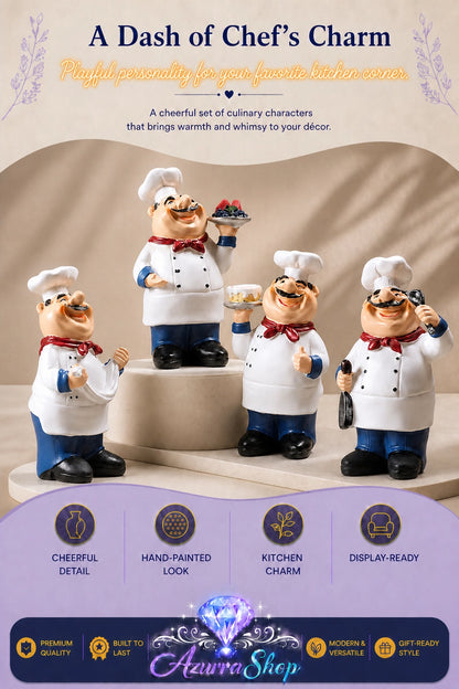 All four hand-painted resin chef figurines (styles A, B, C, and D) grouped together on a display pedestal against a soft beige backdrop