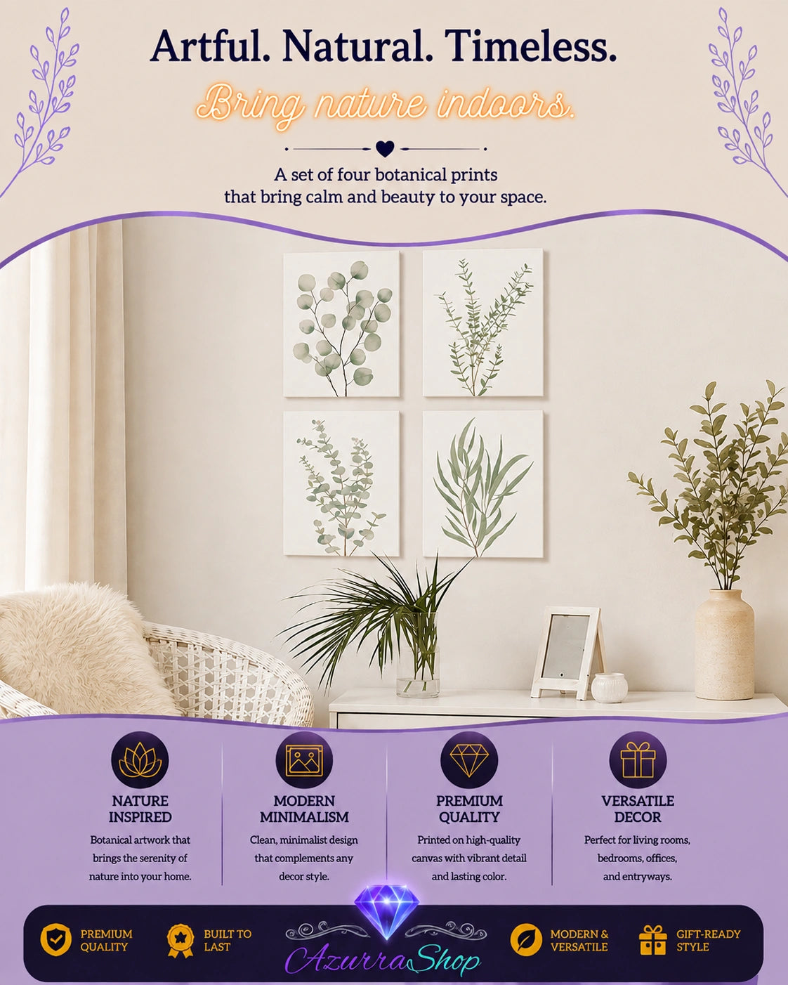 Four framed sage green eucalyptus and leaf botanical prints hung above a console table in a bright room, with an Azurra Shop promotional banner