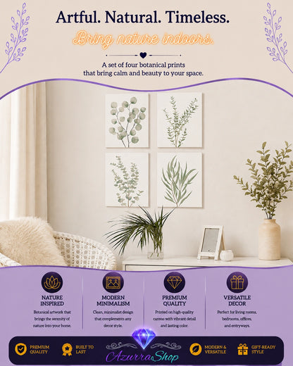 Four framed sage green eucalyptus and leaf botanical prints hung above a console table in a bright room, with an Azurra Shop promotional banner