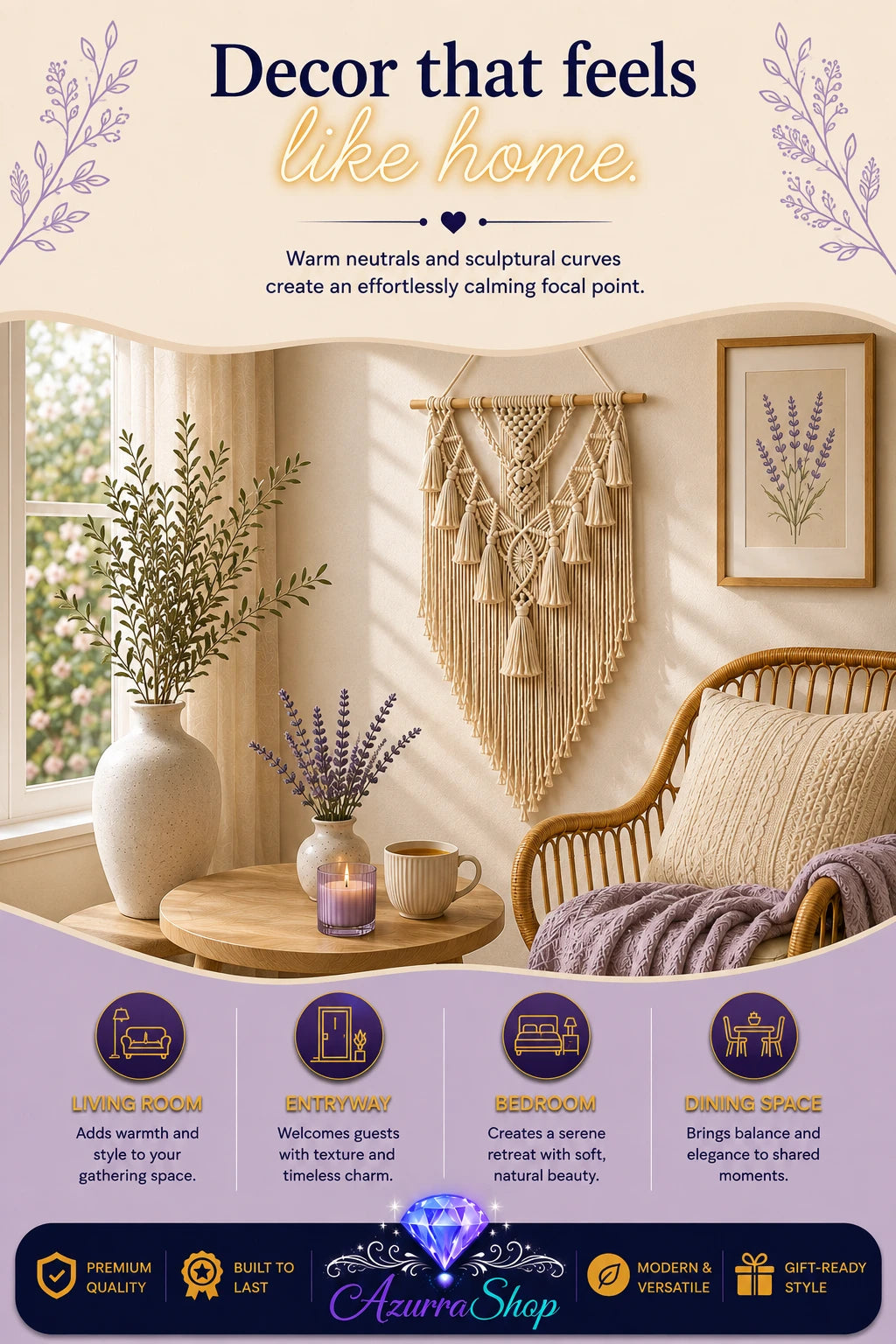 Marketing graphic for a beige and cream macrame wall hanging displayed above a console table in a living room with a rattan chair.