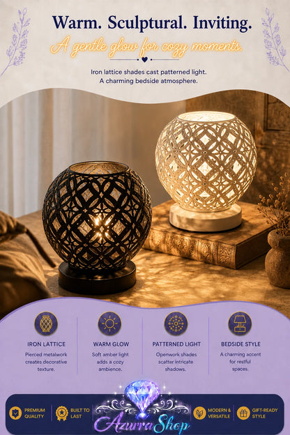 Two decorative iron lattice bedside lamps shown in a styled bedroom scene, one lit in black and one lit in warm gold/brass. The image includes marketing text at the top and a purple feature banner at the bottom with the brand name Azura Shop.