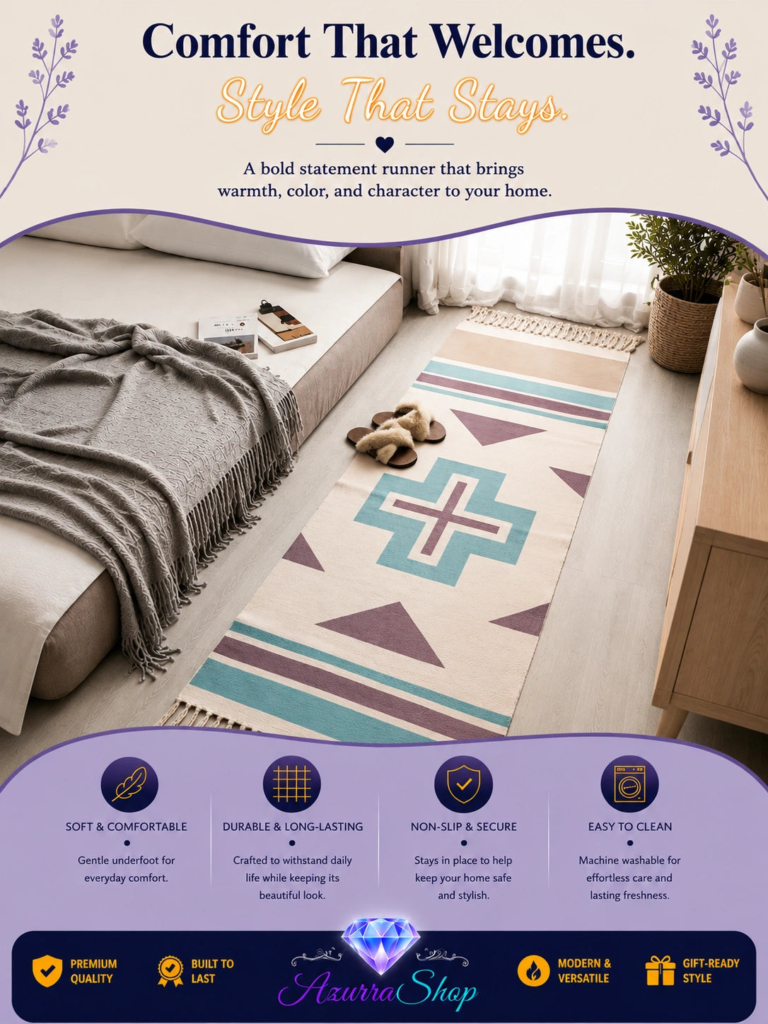 Hand woven cotton linen runner rug in a teal, mauve, and cream geometric cross and diamond pattern, shown at the foot of a bed (Odin colorway)