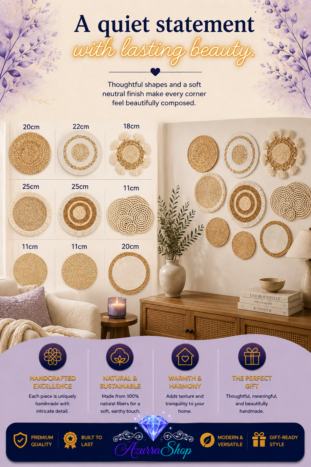 Size chart graphic for beige boho woven wall hanging discs, showing individual piece diameters alongside a styled wall display above a console table.