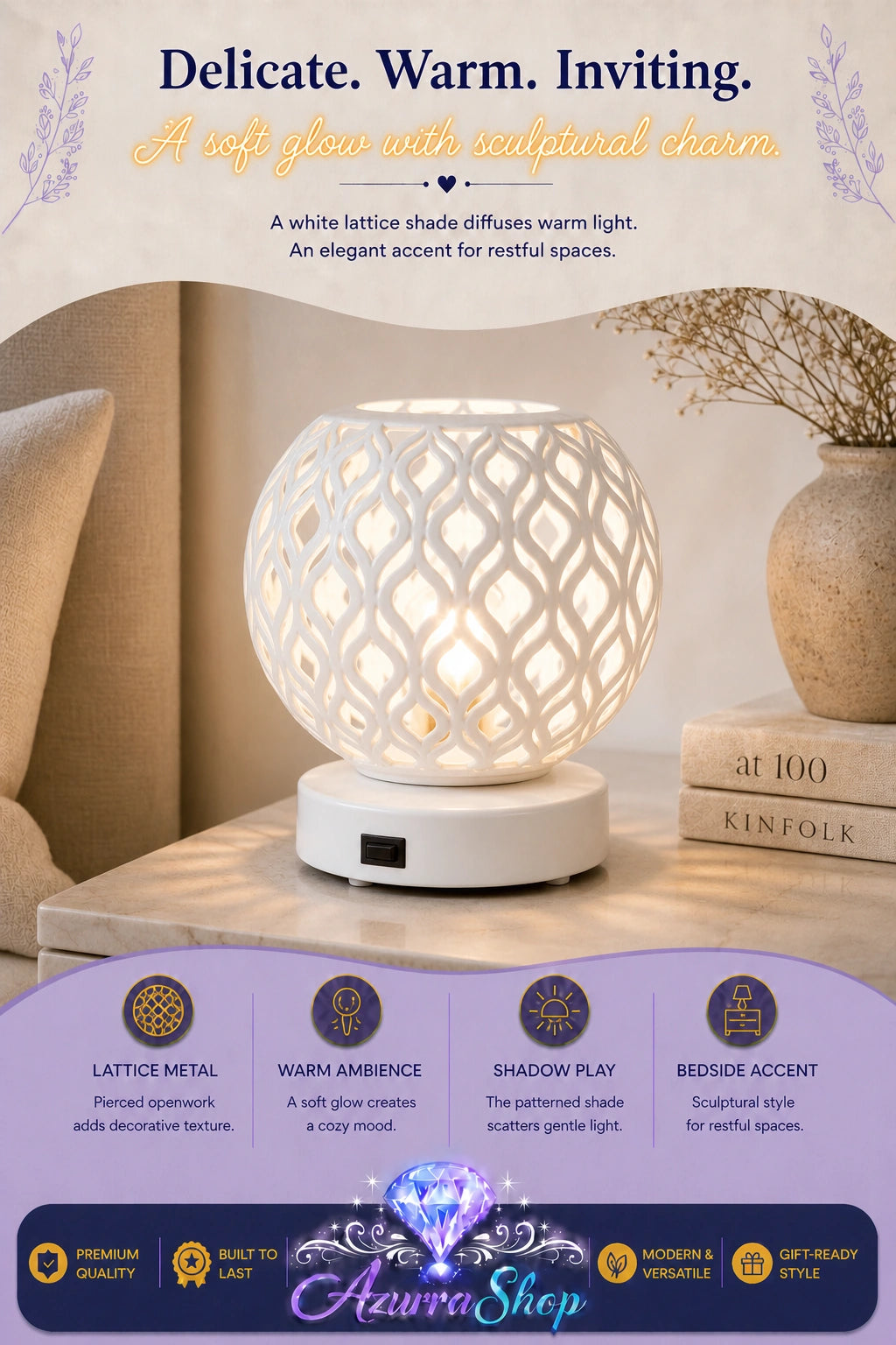 A white lattice-patterned globe lamp glowing with warm light, displayed on a wooden table in a cozy room setting. The image includes promotional text and a purple banner at the bottom with the brand name Azurra Shop.