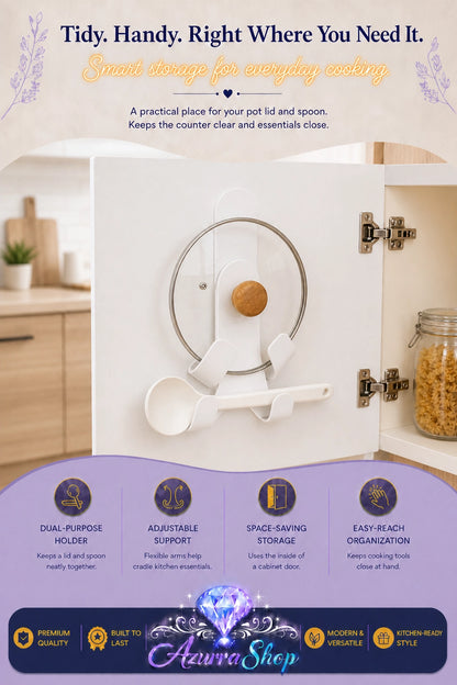 A round pot lid holder mounted on a white cabinet door, holding a pot lid by its wooden knob with a white spoon resting in the bracket below. A glass jar is visible on the shelf in the background. The image includes promotional text at the top and a purple banner at the bottom with the brand name Azurra Shop.