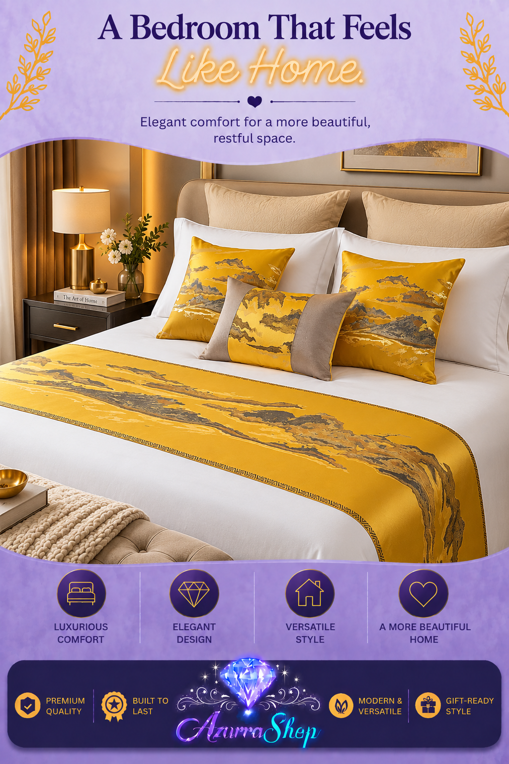 Chinese Landscape Style Bed Runner &amp; Pillow Set