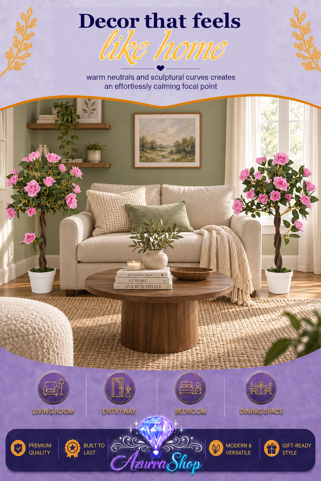 Set of 2 Artificial Rose Floral Trees in Pot — 35" Tall