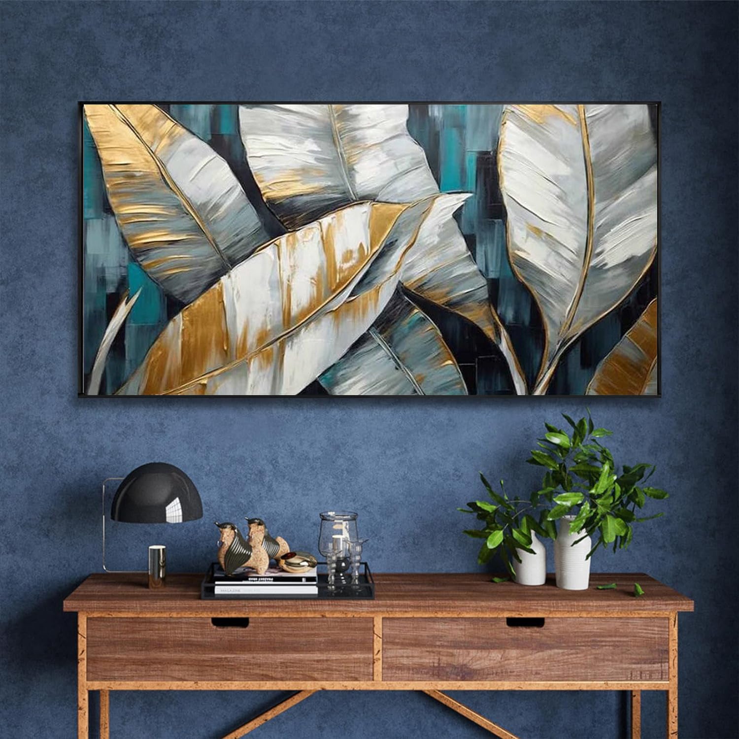 Handmade Abstract Oil Painting — Golden Green Banana Leaves