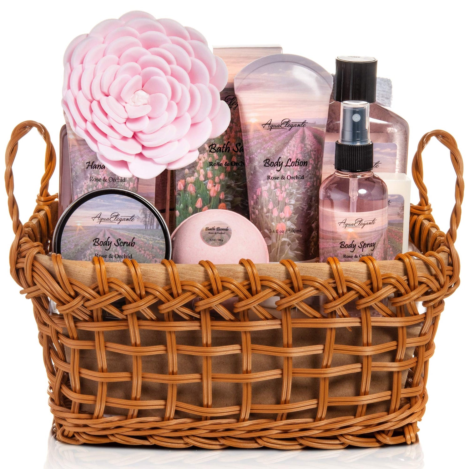 Rose Oil &amp; Orchid: > Luxury Spa Gift Basket — Rose Oil &amp; Orchid, 13-piece set: body wash, bubble bath, bath bombs, salts, scrub, lotion, towel &amp; more — Azurra Shop