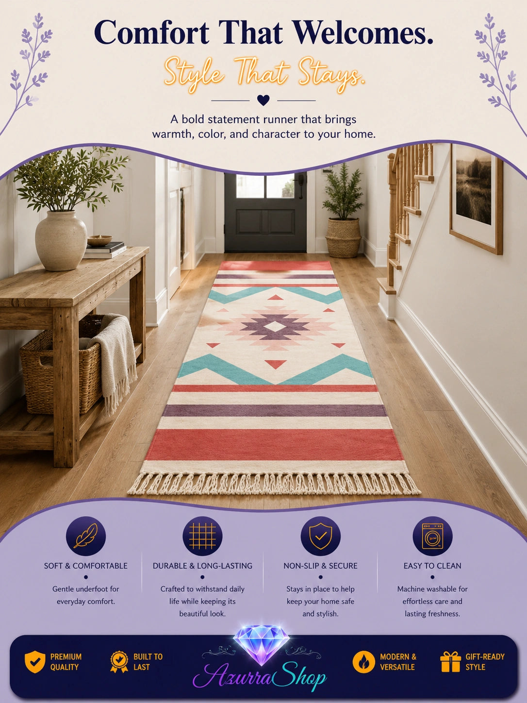 Hand woven cotton linen runner rug in a red, teal, and cream geometric diamond pattern, shown in a hallway entryway (Huayan colorway)