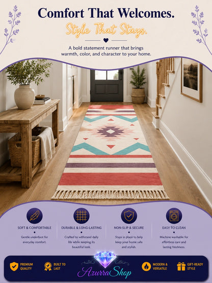 Hand woven cotton linen runner rug in a red, teal, and cream geometric diamond pattern, shown in a hallway entryway (Huayan colorway)