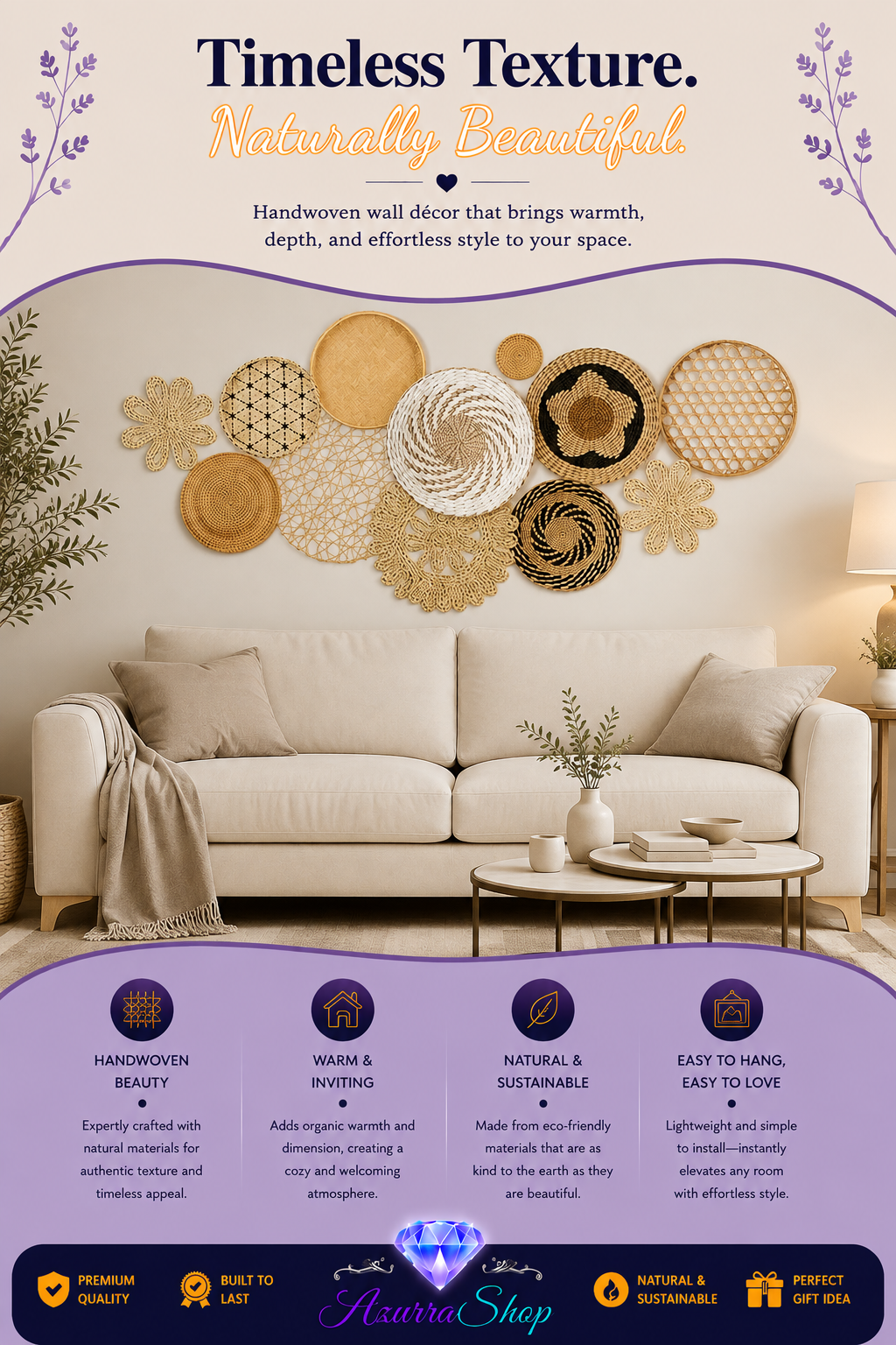 Marketing graphic for beige boho woven wall hanging discs, styled above a cream sofa in a living room, with a set feature list and Azurra Shop logo.