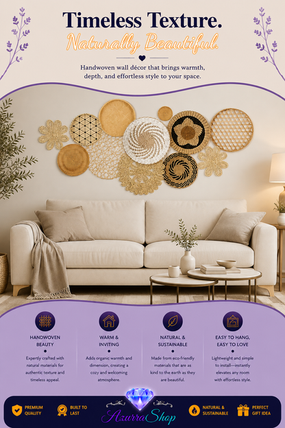 Marketing graphic for beige boho woven wall hanging discs, styled above a cream sofa in a living room, with a set feature list and Azurra Shop logo.