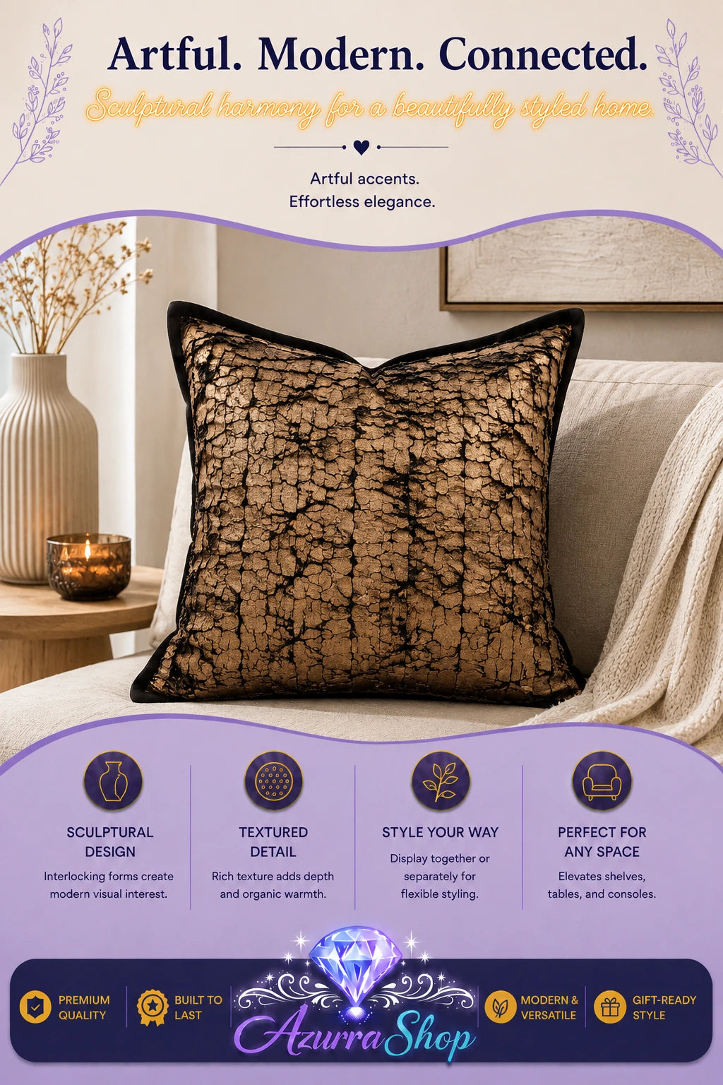 Black throw pillow with gold lace-patterned texture resting on a beige sofa
