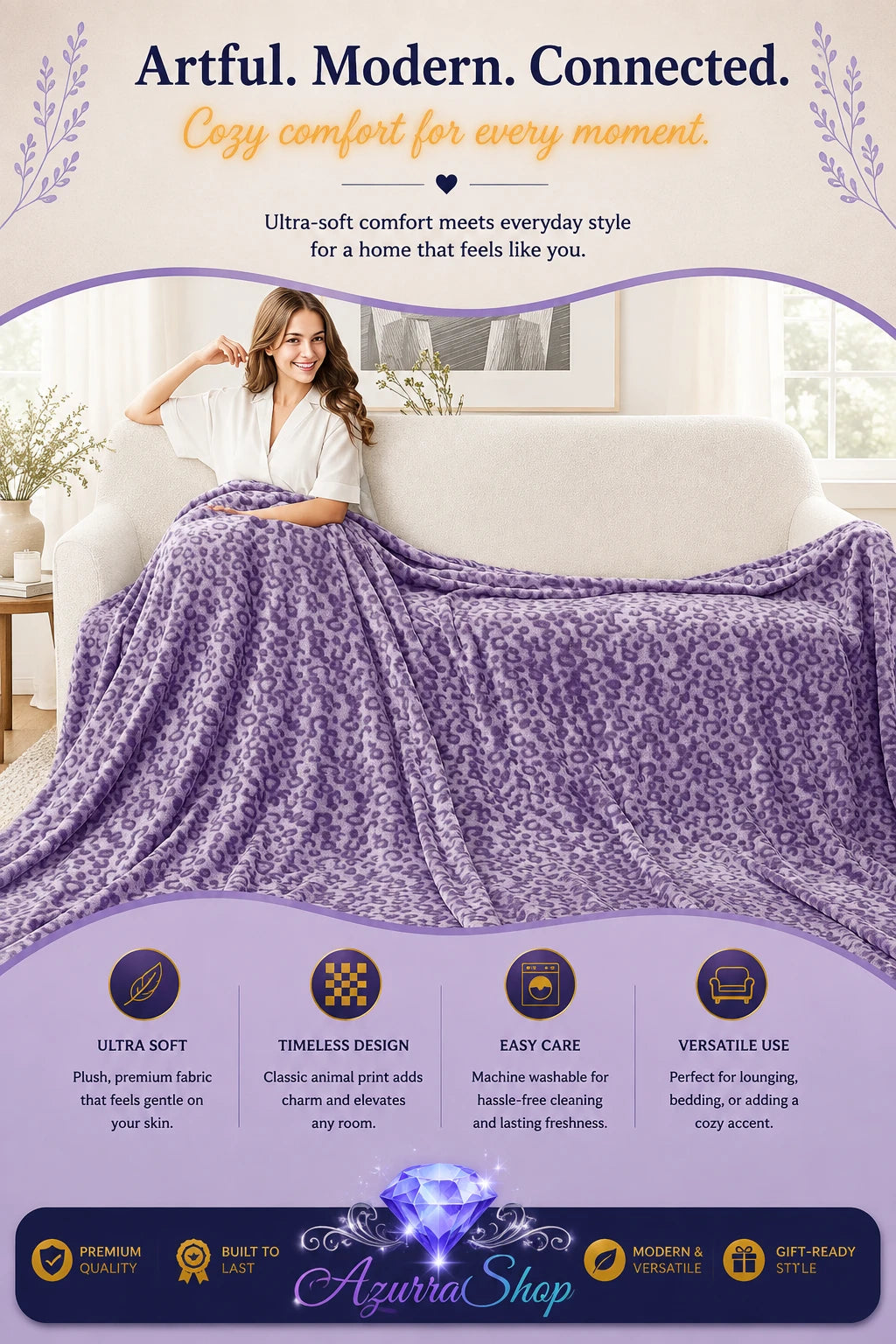 Lavender leopard print fleece blanket draped over a woman sitting on a white sofa, with an Azurra Shop promotional banner