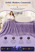 Lavender leopard print fleece blanket draped over a woman sitting on a white sofa, with an Azurra Shop promotional banner