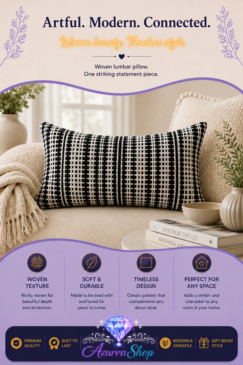 Black and white houndstooth-patterned lumbar pillow resting on a beige sofa
