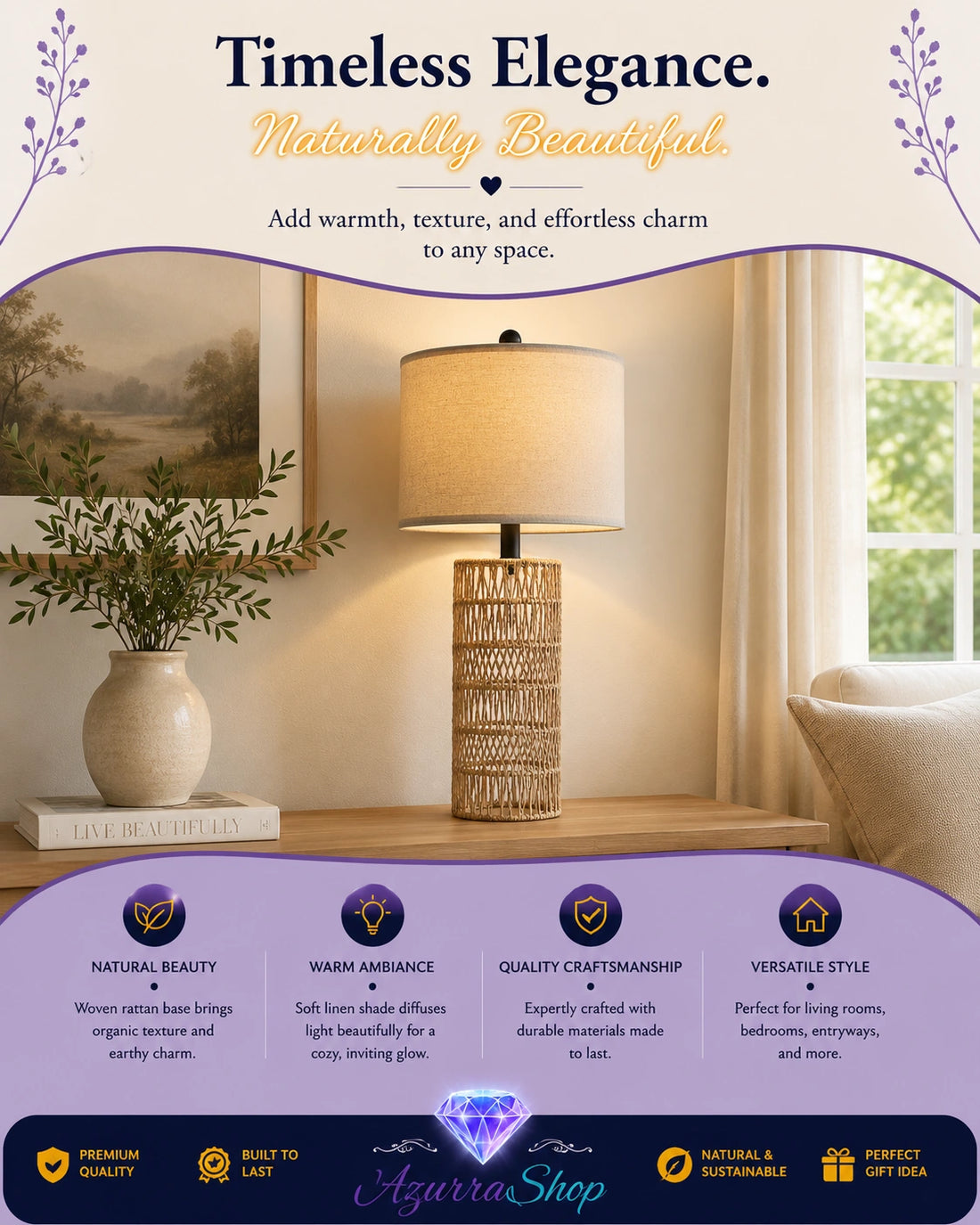 Marketing graphic for a handwoven rattan table lamp with linen drum shade, lit and styled on a wooden console table with a vase and window.