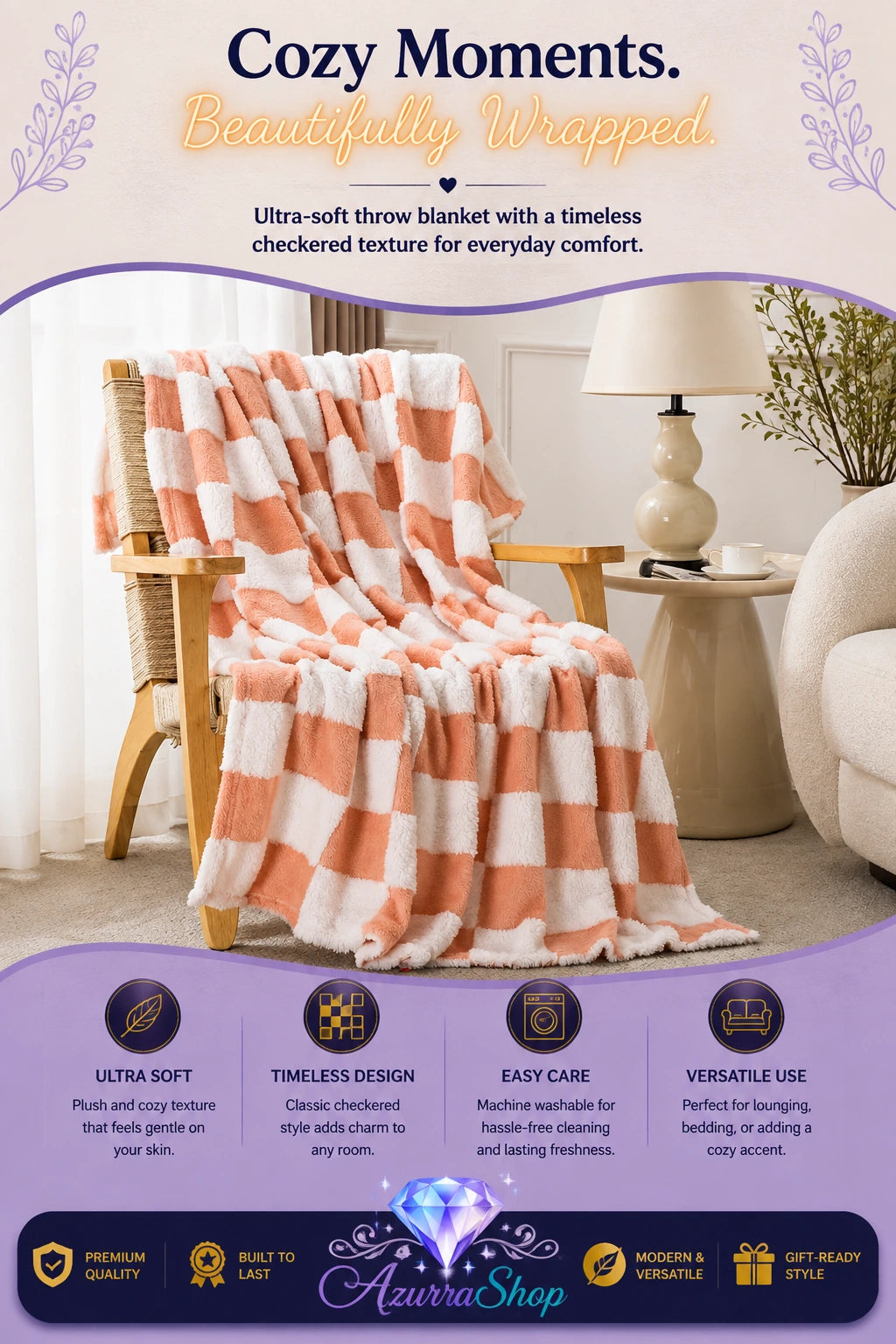 Pink and white checkerboard fleece throw blanket draped over a wooden armchair, with an Azurra Shop promotional banner