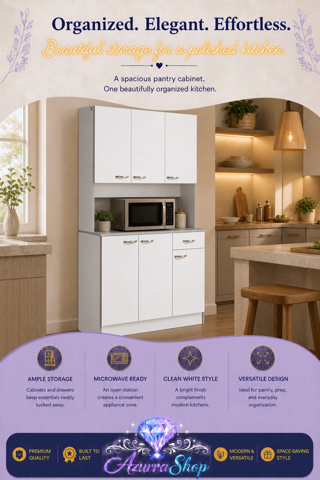 White kitchen pantry cabinet with a built-in microwave stand, shown installed in a modern kitchen with wood shelving.