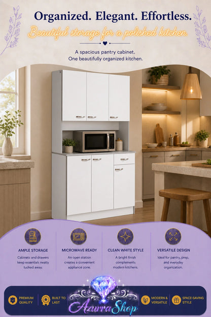 White kitchen pantry cabinet with a built-in microwave stand, shown installed in a modern kitchen with wood shelving.