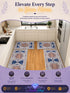 Navy blue and terracotta medallion-patterned rug mats laid on a kitchen floor, with an Azurra Shop promotional banner