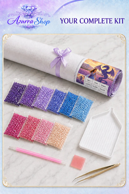 Diamond painting supplies flat lay for She Casts a Dragon&