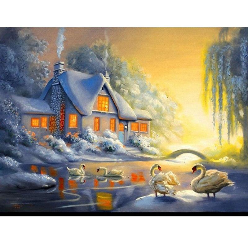 Swans in snow diamond painting kit – 16x20" and 20x24" elegant winter wildlife wall art by Azurra Shop