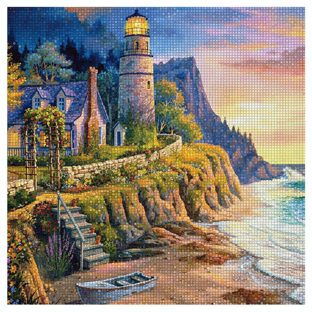 Cliffside lighthouse cottage diamond painting kit – sunset ocean scene with stone steps and rowboat
