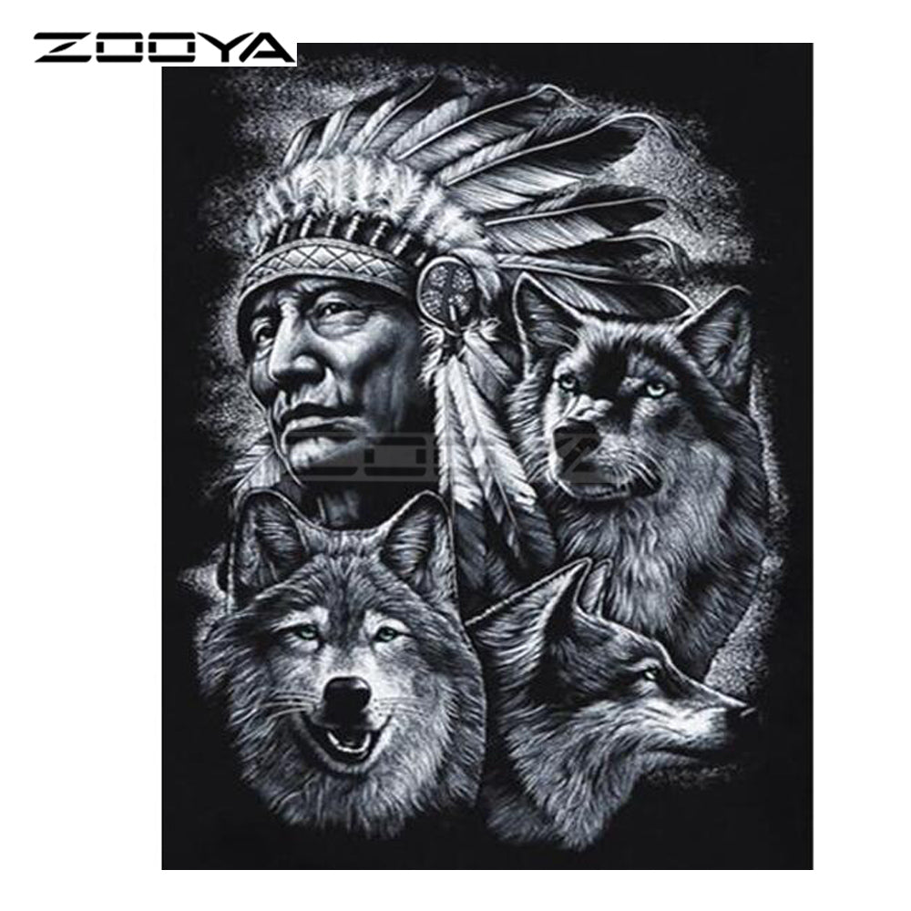 Indian feathers and black wolves diamond painting kit – 8x10" to 24x32" Native American wildlife art by Azurra Shop