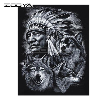 Indian feathers and black wolves diamond painting kit – 8x10" to 24x32" Native American wildlife art by Azurra Shop