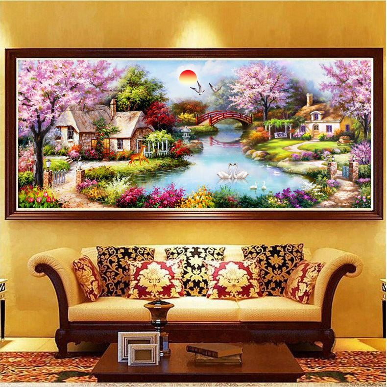 Cozy cottage diamond painting kit – panoramic sizes up to 79x31" countryside landscape wall art by Azurra Shop