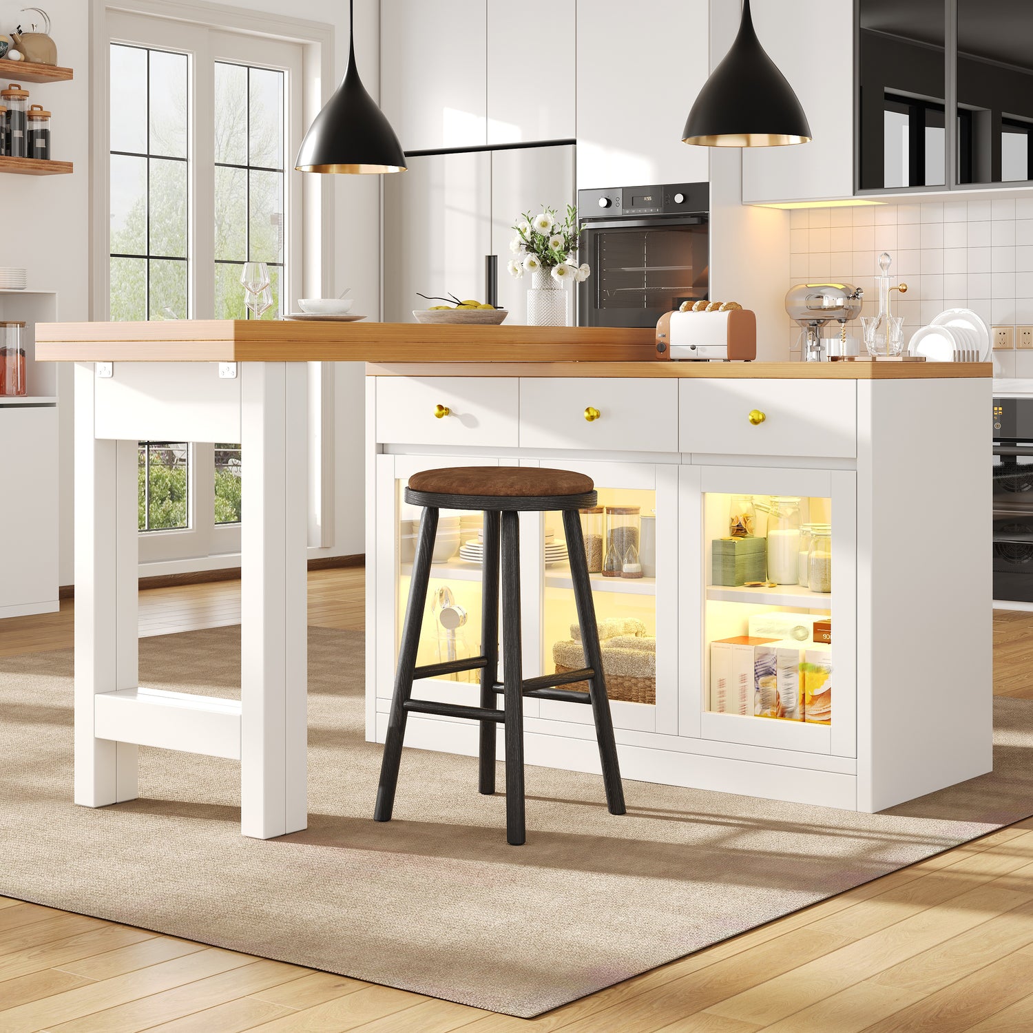 Extendable Kitchen Island with RGB LED Lights — White