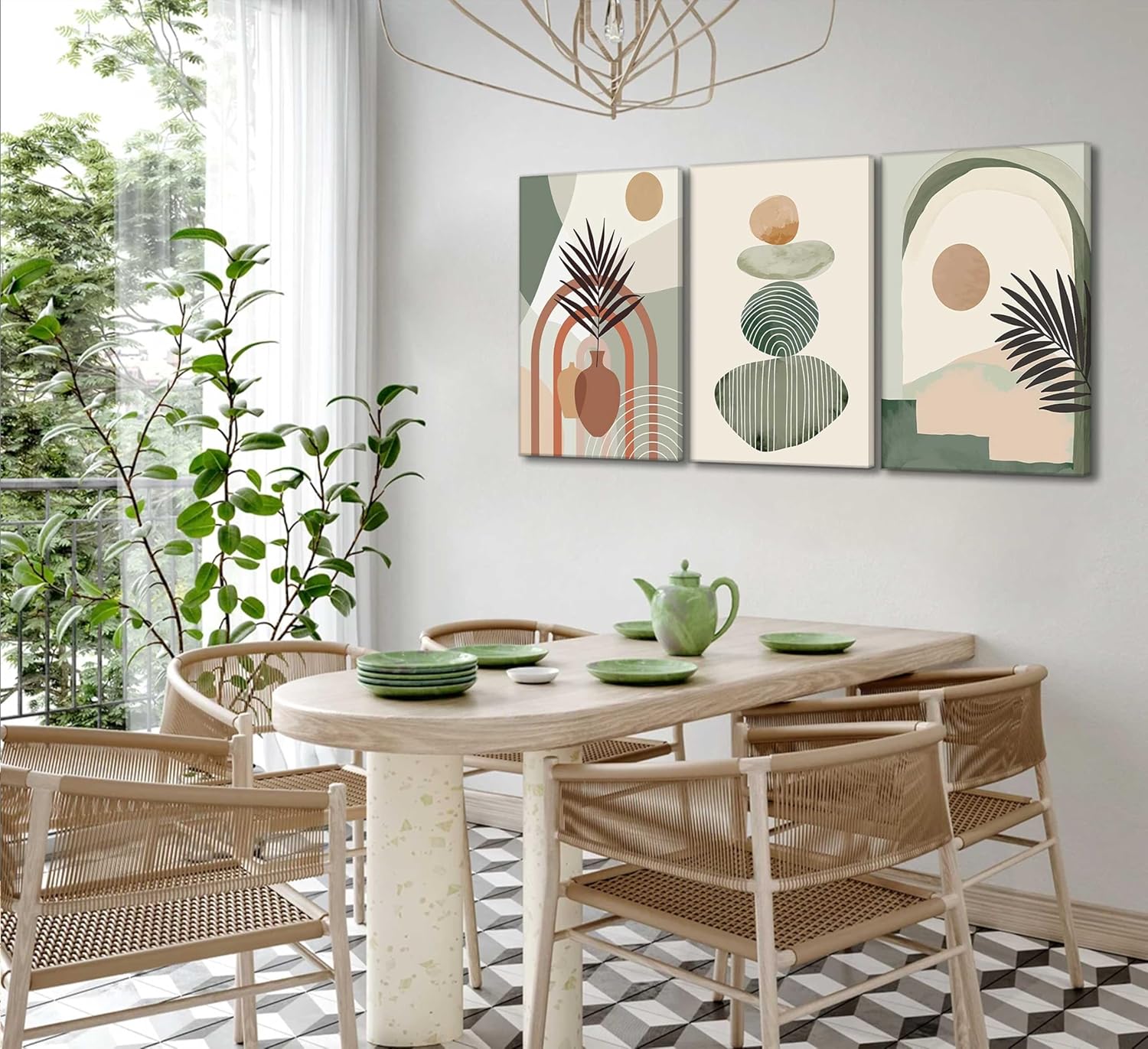 Boho Canvas Wall Art Set — 3 Pieces, Framed