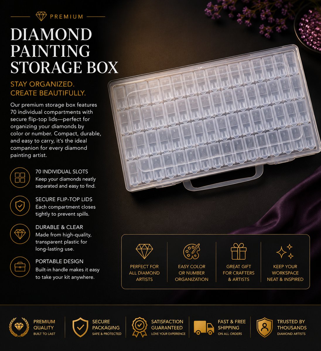Clear diamond painting storage box with individual compartments