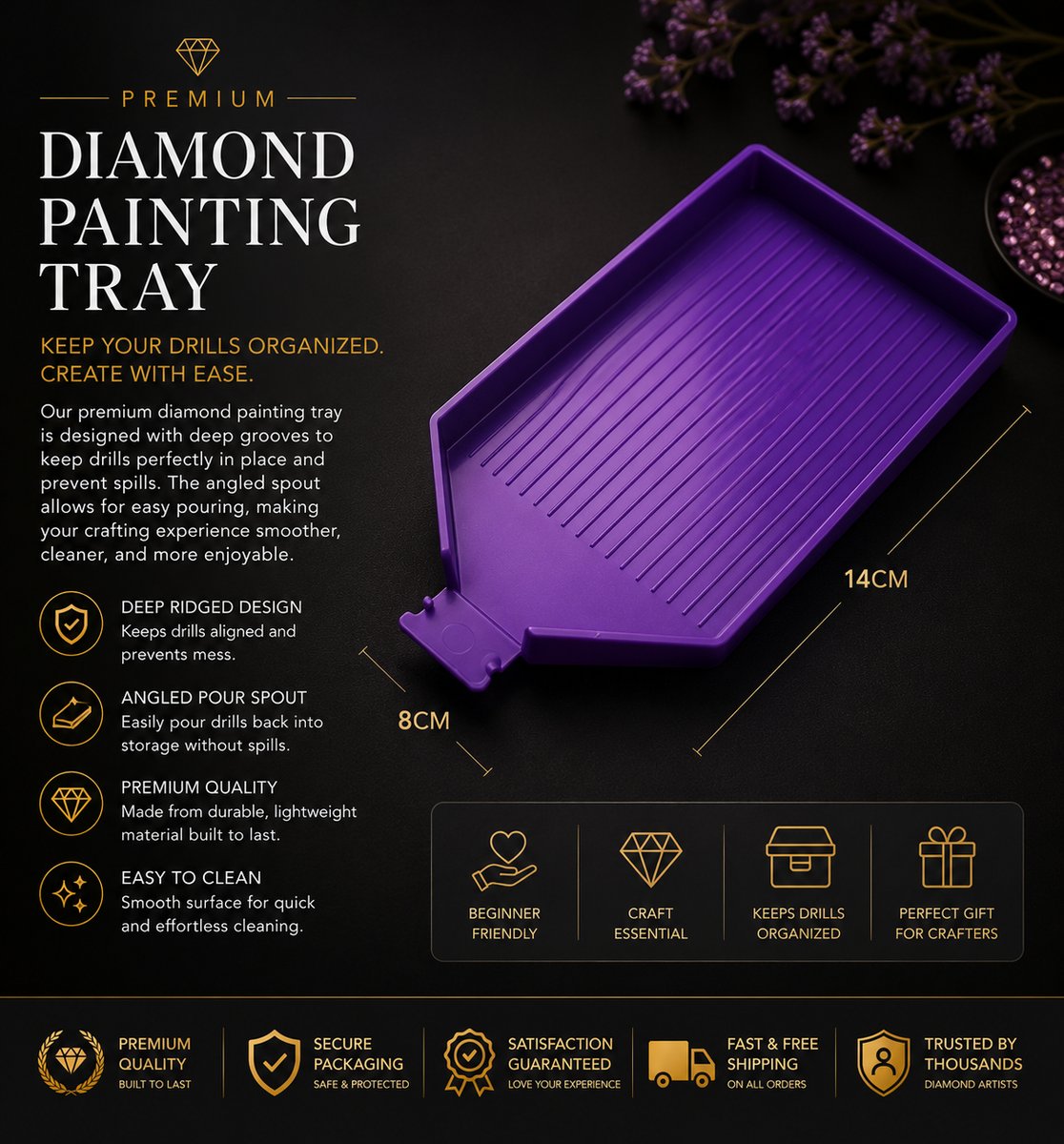 Purple diamond painting tray, 14 by 8 centimeters